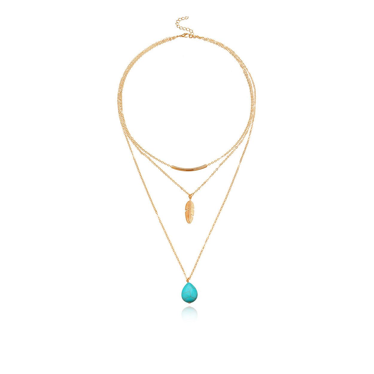 Minimalist Alloy Cross Chain Necklace with Turquoise Inlay and Leaf Teardrop Pendant