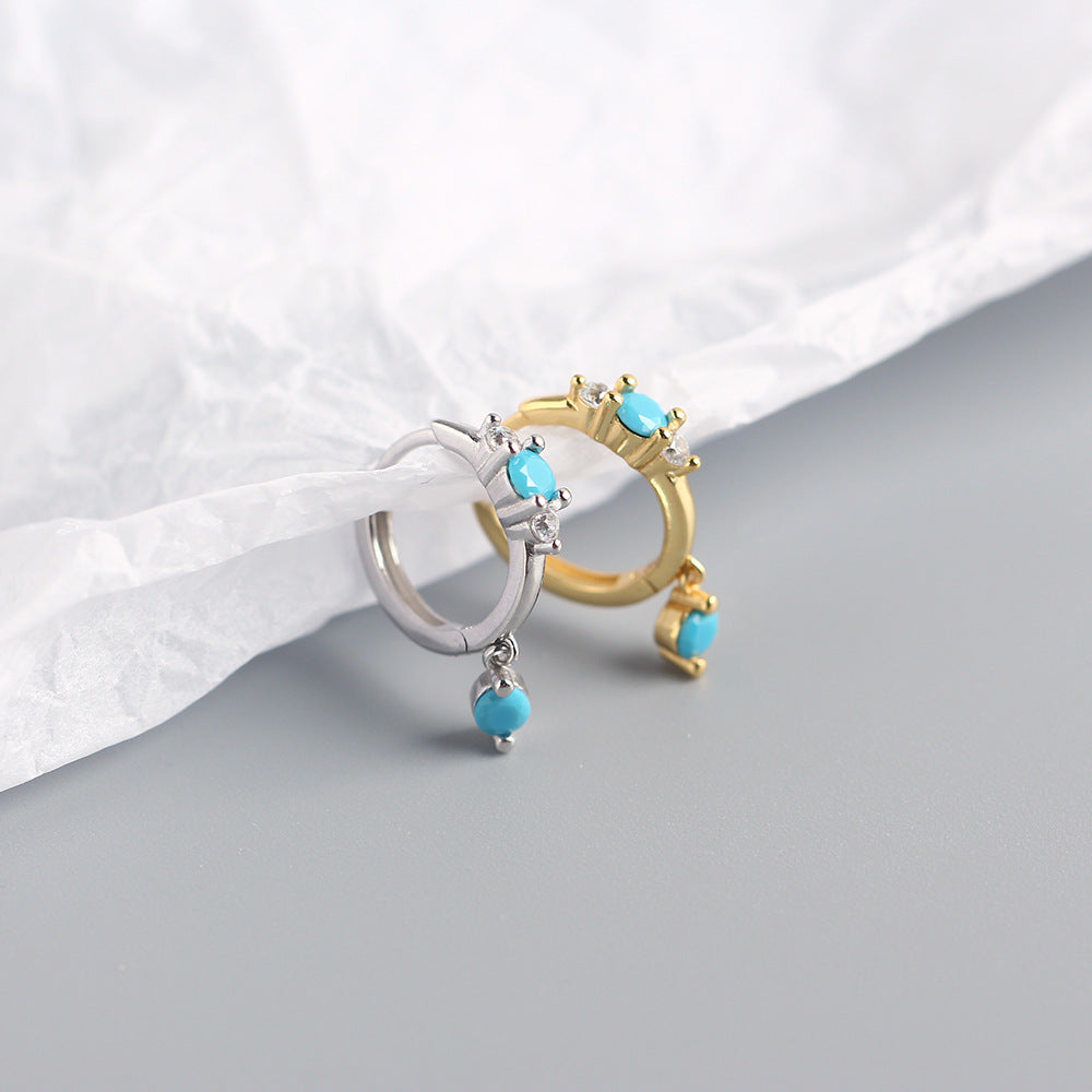 Bohemian 925 Sterling Silver Geometric Round Turquoise Cubic Zirconia Hoop Earrings for Women