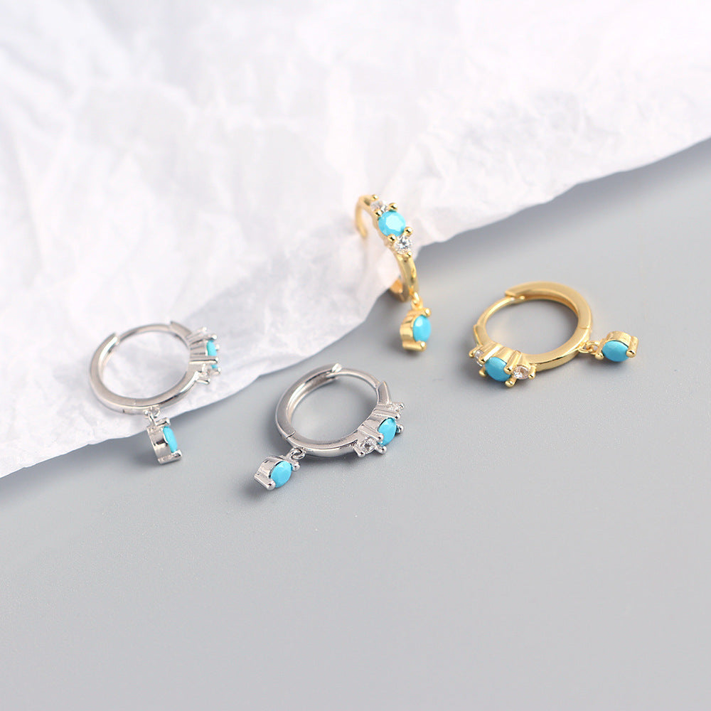 Bohemian 925 Sterling Silver Geometric Round Turquoise Cubic Zirconia Hoop Earrings for Women