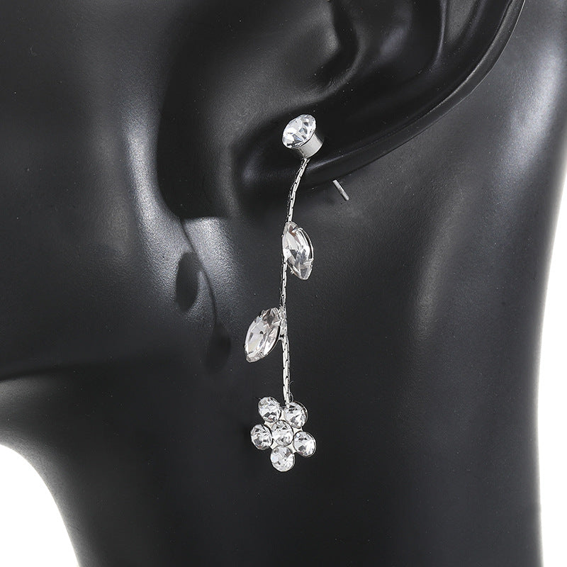 Natural Style Leaf and Floral Pendant Necklace with Tassel and Matching Stud Earrings in Copper with Rhinestone Inlay and Plated Finish for Women
