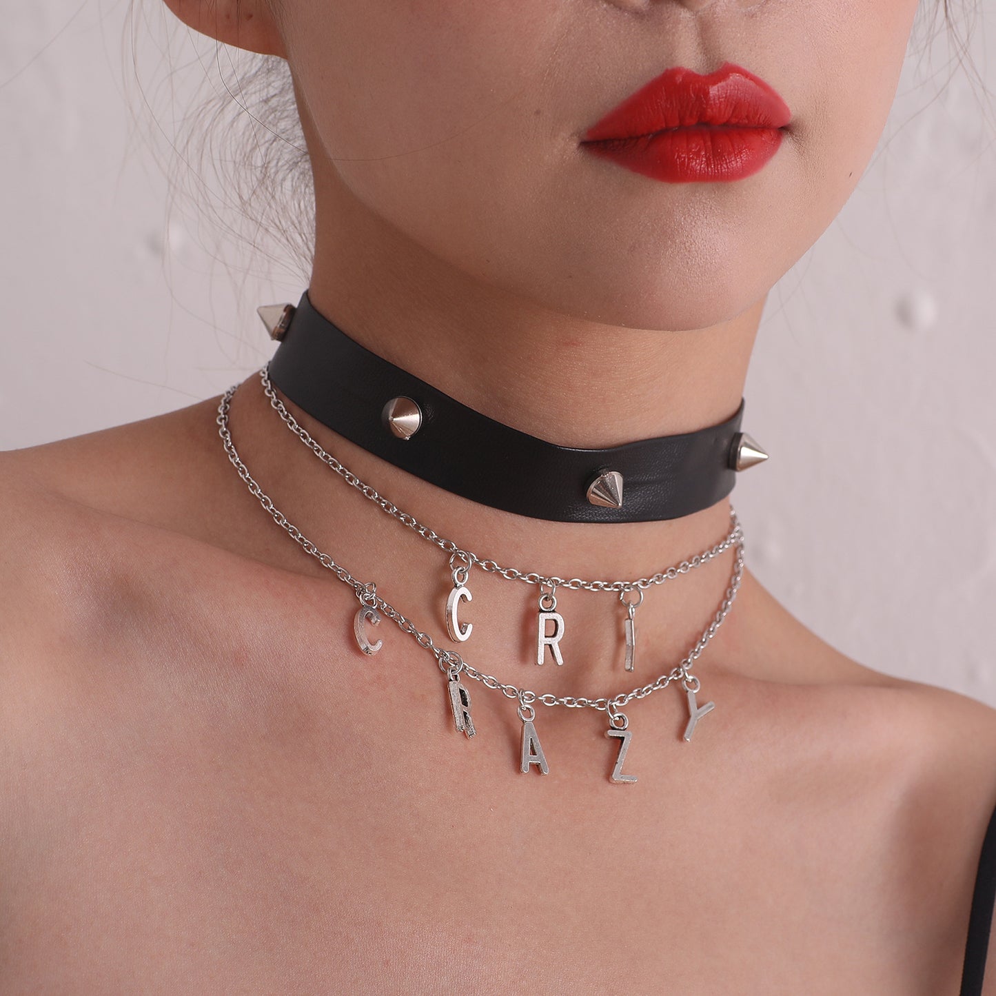 Punk Style Plated Alloy Letter Necklace for Women with Rhinestone Inlay Cross Chain