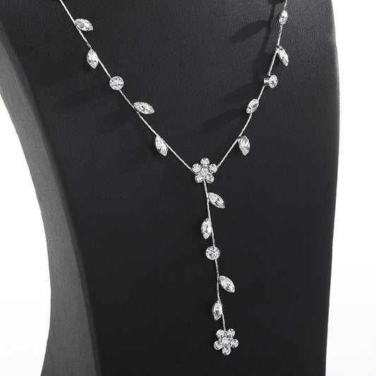 Natural Style Leaf and Floral Pendant Necklace with Tassel and Matching Stud Earrings in Copper with Rhinestone Inlay and Plated Finish for Women