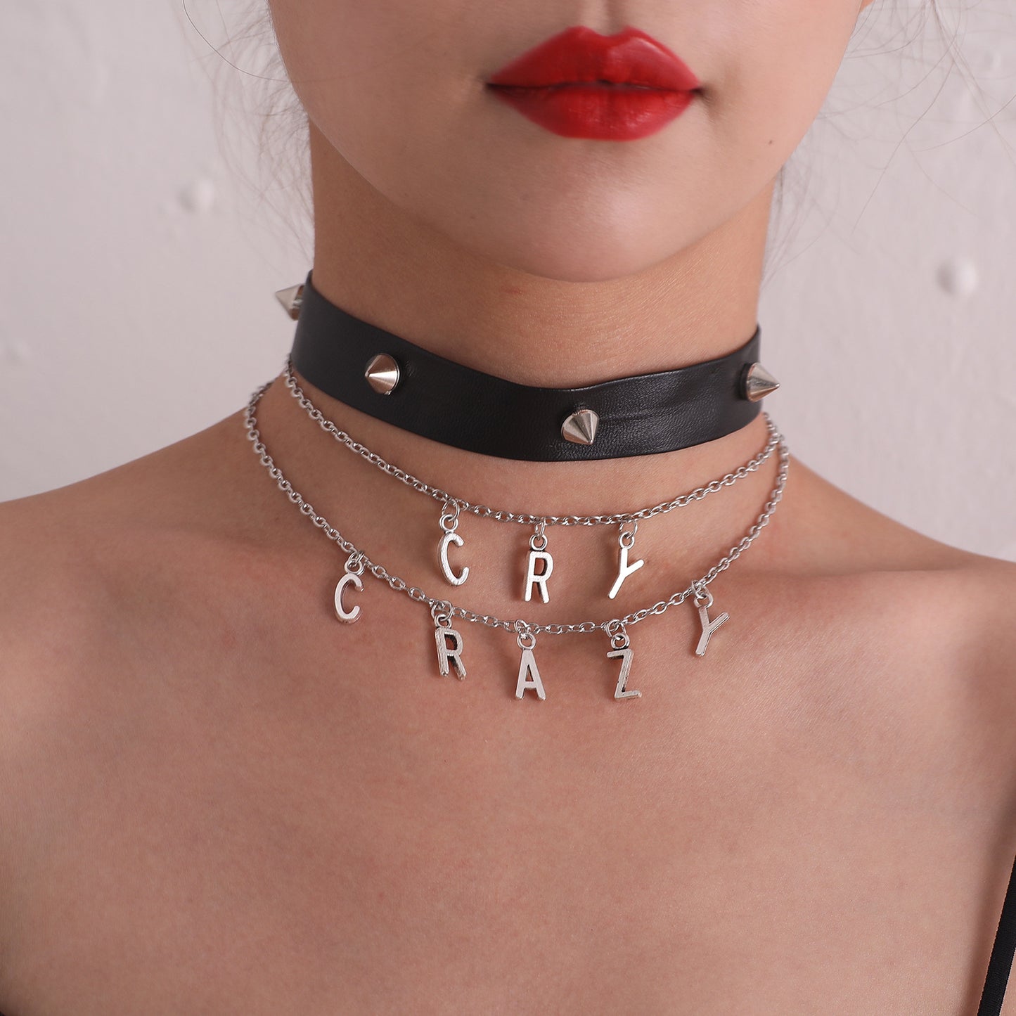 Punk Style Plated Alloy Letter Necklace for Women with Rhinestone Inlay Cross Chain