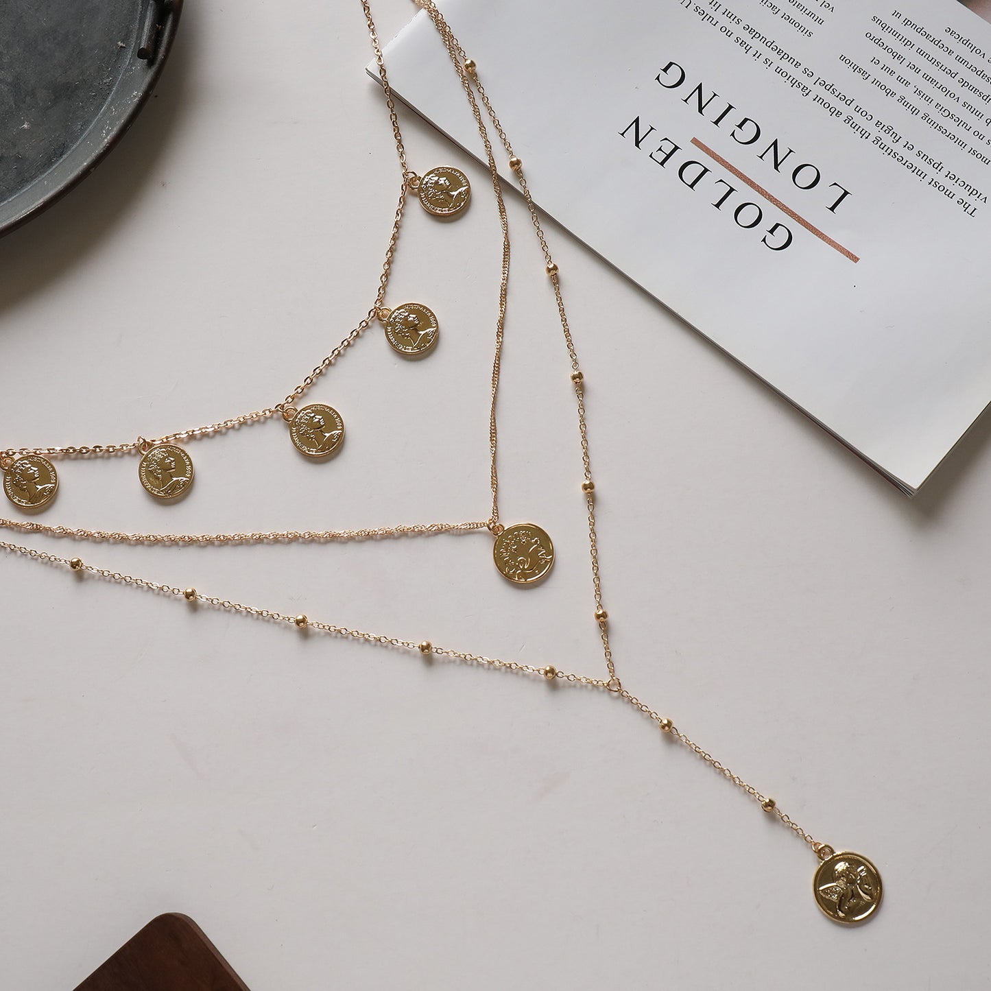Collar de aleación geométrica para mujer, cadena larga de cuentas redondas con chapado, joyería vintage de moda linda