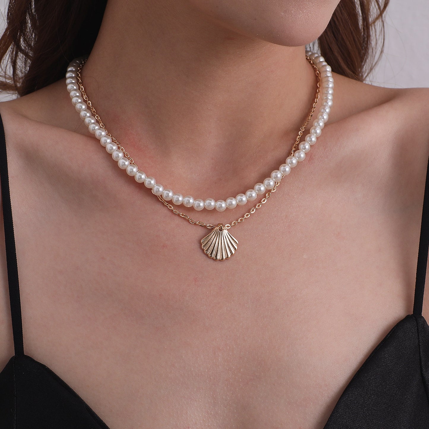 Women's Minimalist European Style Alloy Shell Pendant Necklace, Plated Cross Chain, Double Layer Handmade Jewelry
