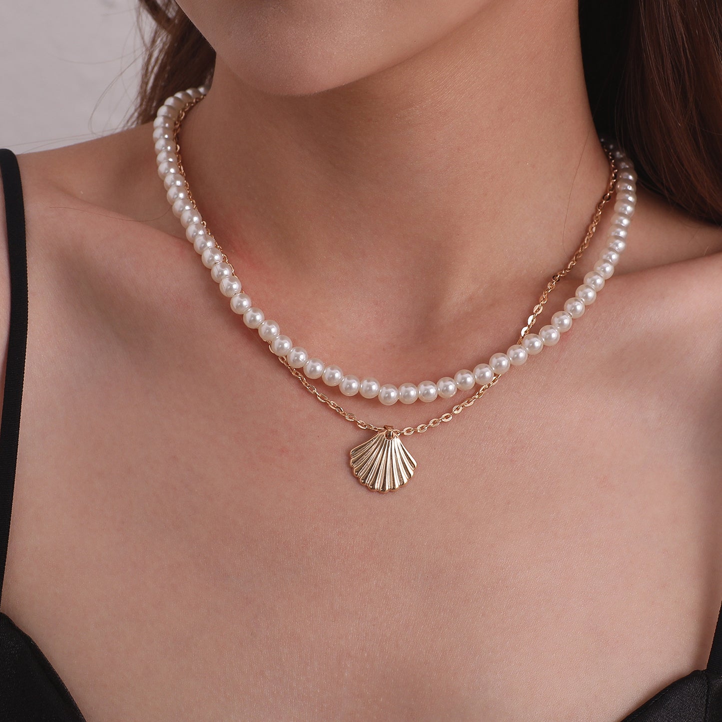Women's Minimalist European Style Alloy Shell Pendant Necklace, Plated Cross Chain, Double Layer Handmade Jewelry