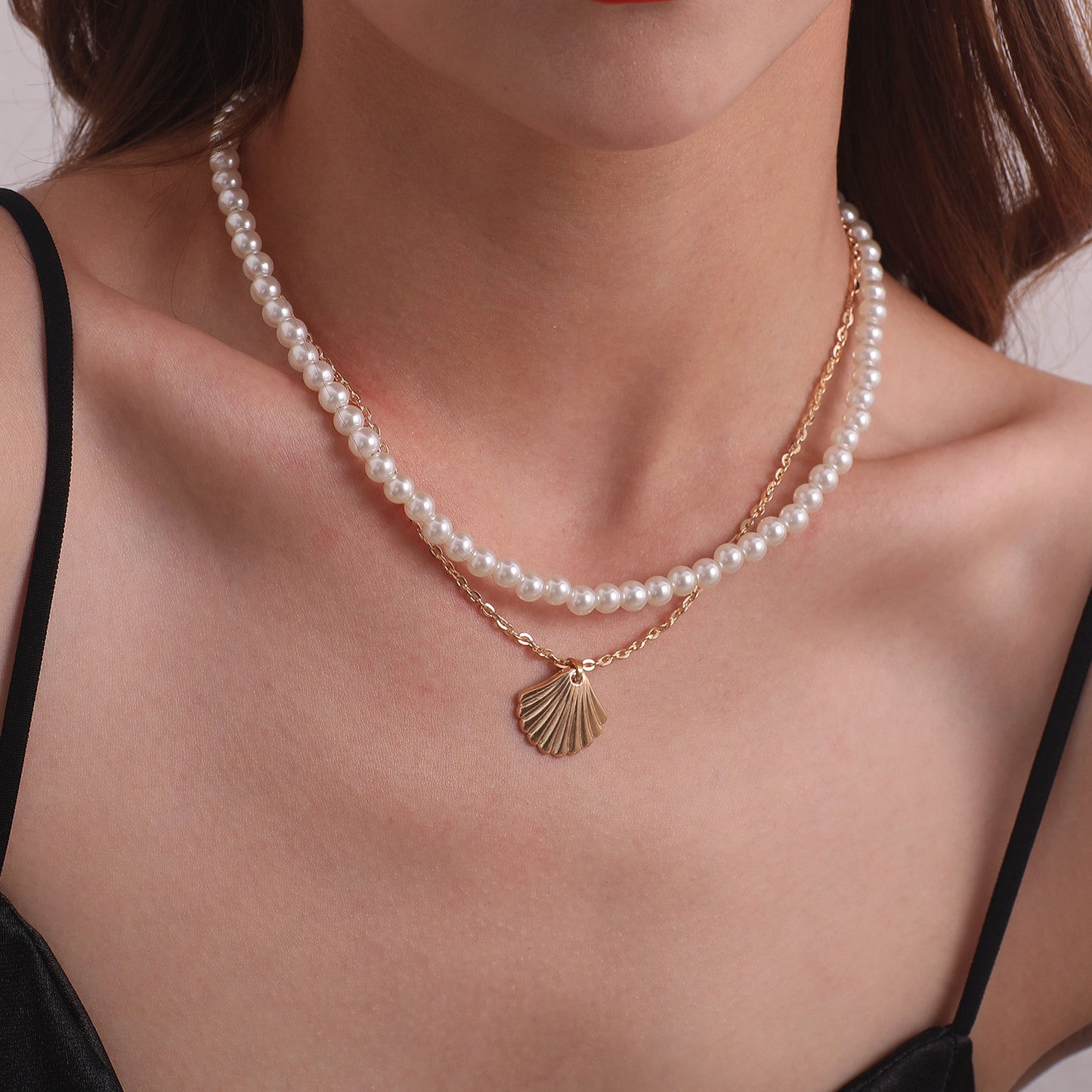 Women's Minimalist European Style Alloy Shell Pendant Necklace, Plated Cross Chain, Double Layer Handmade Jewelry