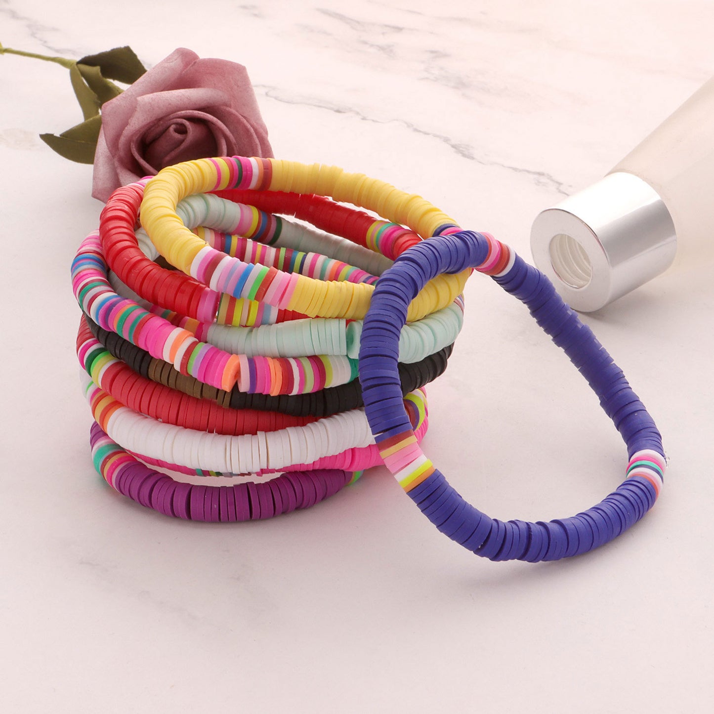 Colorful Clay 6mm Beach Bracelet for Women Bohemian Style Elastic Rope Beaded Jewelry Travel Souvenir Gift
