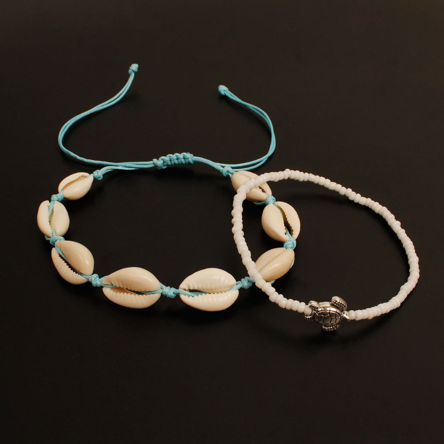 Vintage Turtle Shell Bead Anklet Set for Women, Alloy Anklet with 2-Piece Fashion Beach Jewelry, Bohemian Style, Gift for Travel Memory, Wedding Celebration, Employee Gift