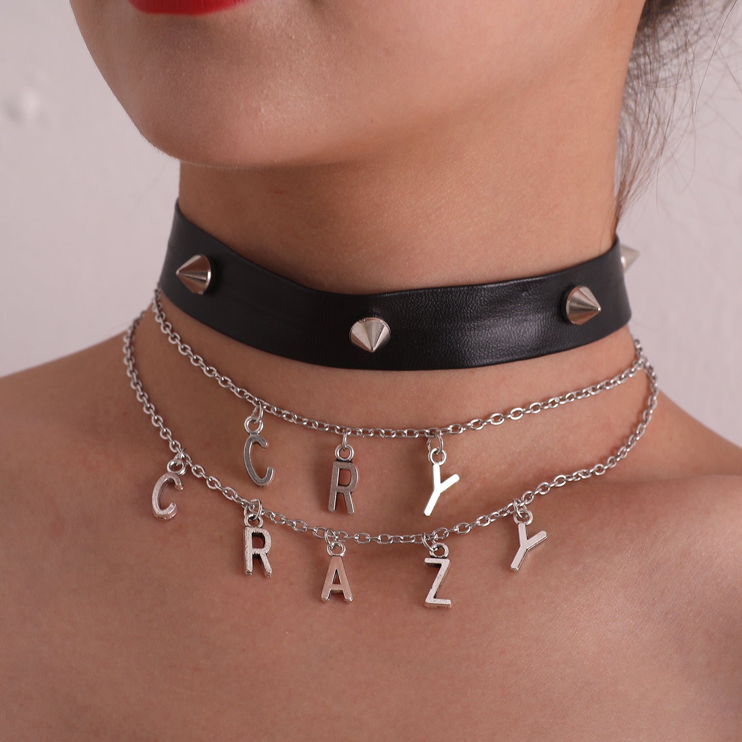 Punk Style Plated Alloy Letter Necklace for Women with Rhinestone Inlay Cross Chain