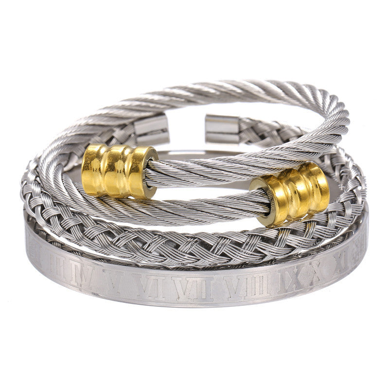 Punk Geometric Round Letter Titanium Steel Plated Open Cuff Bracelet Set for Unisex