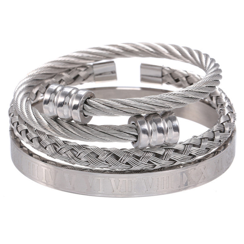 Punk Geometric Round Letter Titanium Steel Plated Open Cuff Bracelet Set for Unisex