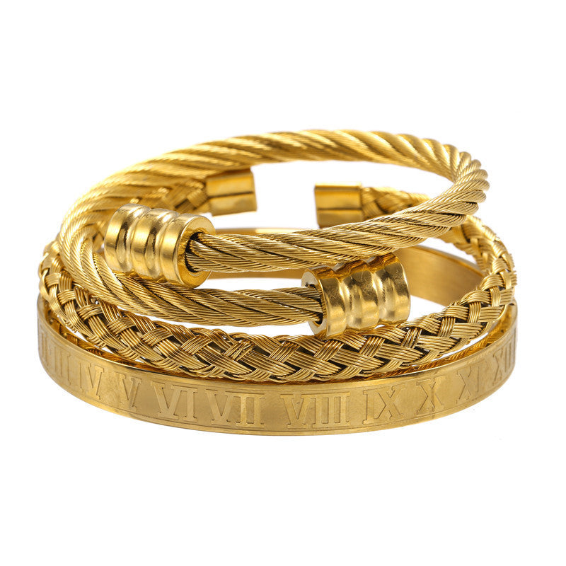 Punk Geometric Round Letter Titanium Steel Plated Open Cuff Bracelet Set for Unisex
