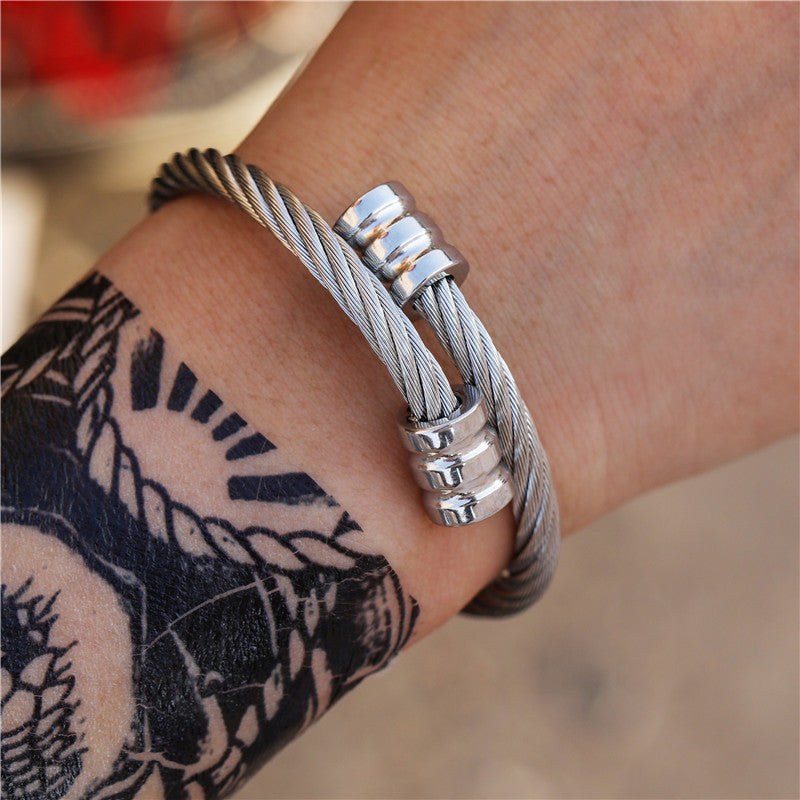 Vintage Streetwear Geometric Round Plated Stainless Steel Twisted Bracelet for Unisex