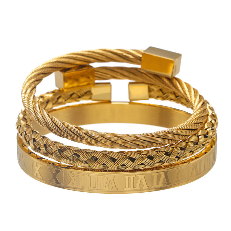 Vintage Geometric Square Letter Plated Titanium Steel Bracelet Set for Unisex
