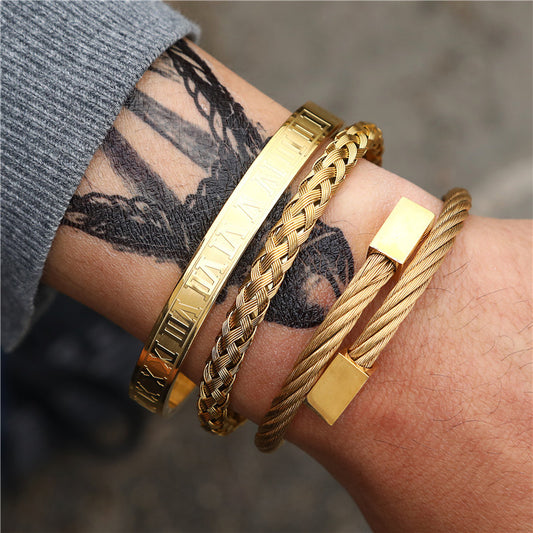 Vintage Geometric Square Letter Plated Titanium Steel Bracelet Set for Unisex