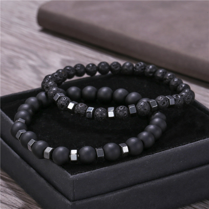 Men's Matte Black Lava Stone and Hematite Beaded Bracelet Set with Alloy Spacers