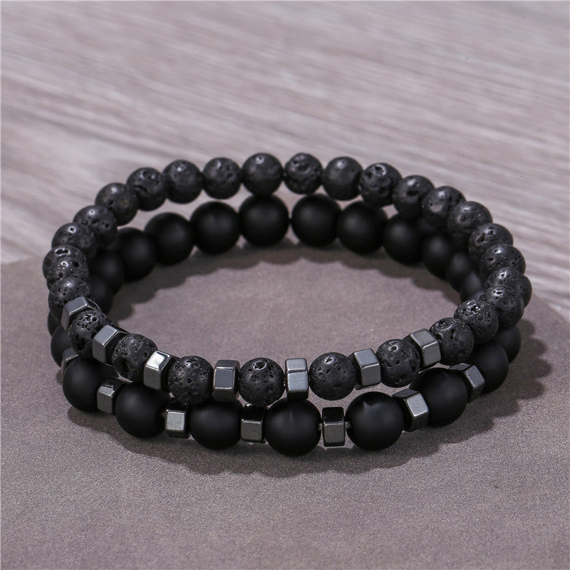 Men's Matte Black Lava Stone and Hematite Beaded Bracelet Set with Alloy Spacers