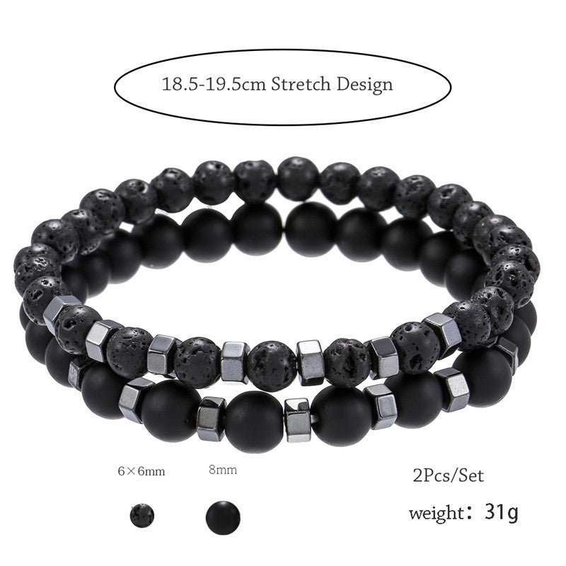 Men's Matte Black Lava Stone and Hematite Beaded Bracelet Set with Alloy Spacers