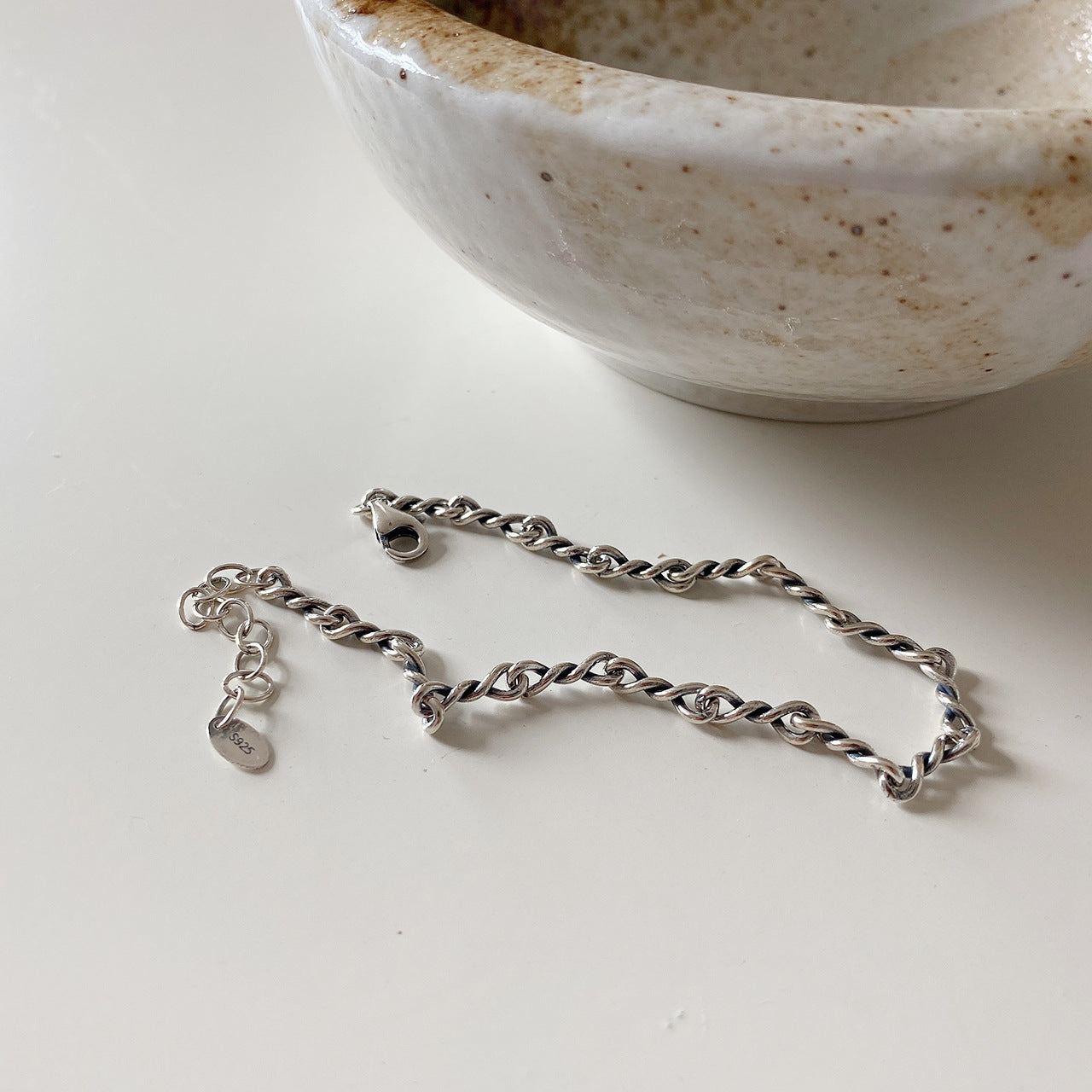 Vintage 925 Sterling Silver Star Plated Hand-Twisted Rope Bracelet for Women