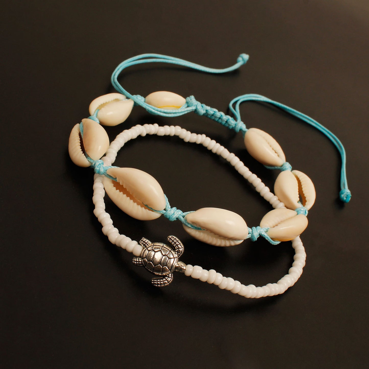 Vintage Turtle Shell Bead Anklet Set for Women, Alloy Anklet with 2-Piece Fashion Beach Jewelry, Bohemian Style, Gift for Travel Memory, Wedding Celebration, Employee Gift