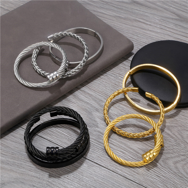 Punk Geometric Round Letter Titanium Steel Plated Open Cuff Bracelet Set for Unisex