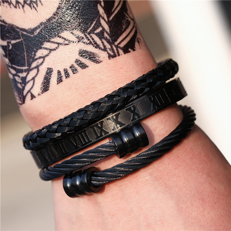 Punk Geometric Round Letter Titanium Steel Plated Open Cuff Bracelet Set for Unisex
