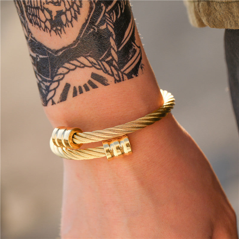 Vintage Streetwear Geometric Round Plated Stainless Steel Twisted Bracelet for Unisex