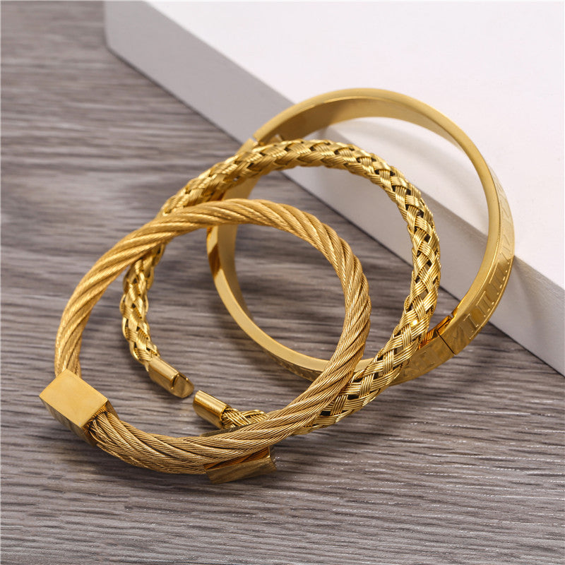 Vintage Geometric Square Letter Plated Titanium Steel Bracelet Set for Unisex