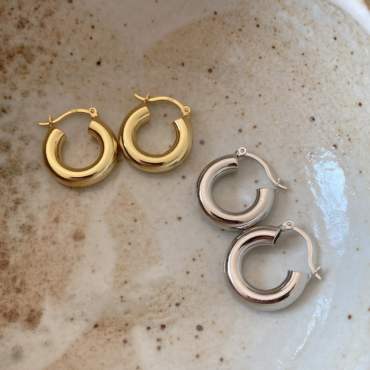 Orecchini a Cerchio Rotondi a C da Donna in Argento Sterling (925) Stile Francese, Gioielli Moderni Minimalisti