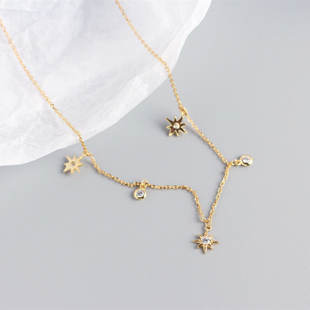 Collana da donna a catena grumetta con ciondolo a stella geometrica rotonda intarsiata in diamante, in argento sterling 925, stile minimalista di lusso
