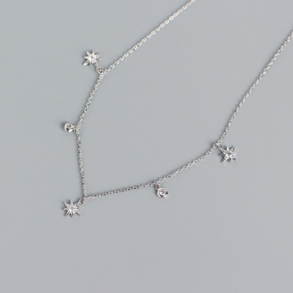 Collana da donna a catena grumetta con ciondolo a stella geometrica rotonda intarsiata in diamante, in argento sterling 925, stile minimalista di lusso