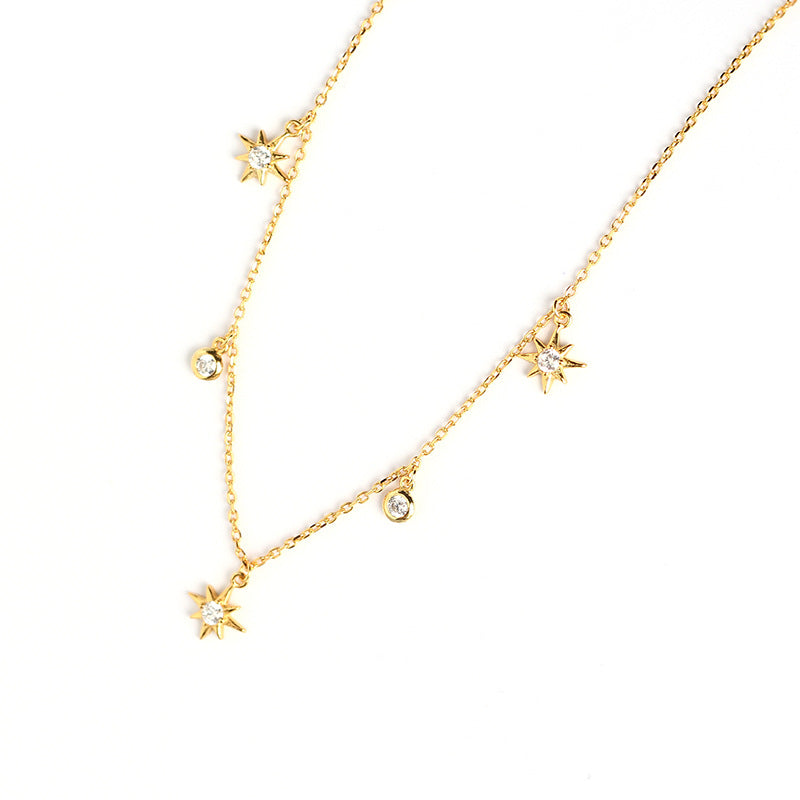 Collana da donna a catena grumetta con ciondolo a stella geometrica rotonda intarsiata in diamante, in argento sterling 925, stile minimalista di lusso