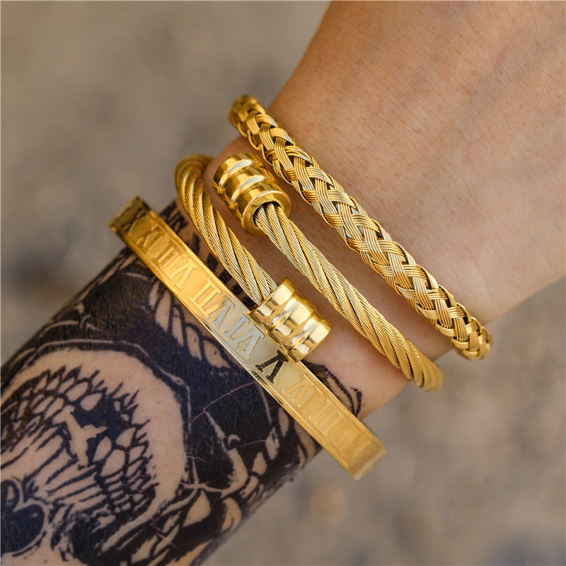 Punk Geometric Round Letter Titanium Steel Plated Open Cuff Bracelet Set for Unisex
