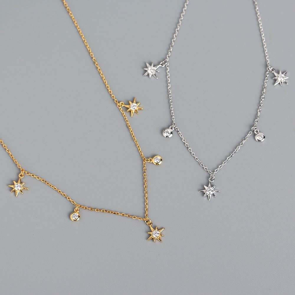 Collana da donna a catena grumetta con ciondolo a stella geometrica rotonda intarsiata in diamante, in argento sterling 925, stile minimalista di lusso
