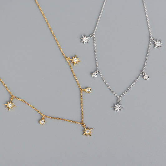 Collar de cadena de eslabones de plata de ley 925 minimalista de lujo con incrustaciones geométricas de estrella redonda y diamantes
