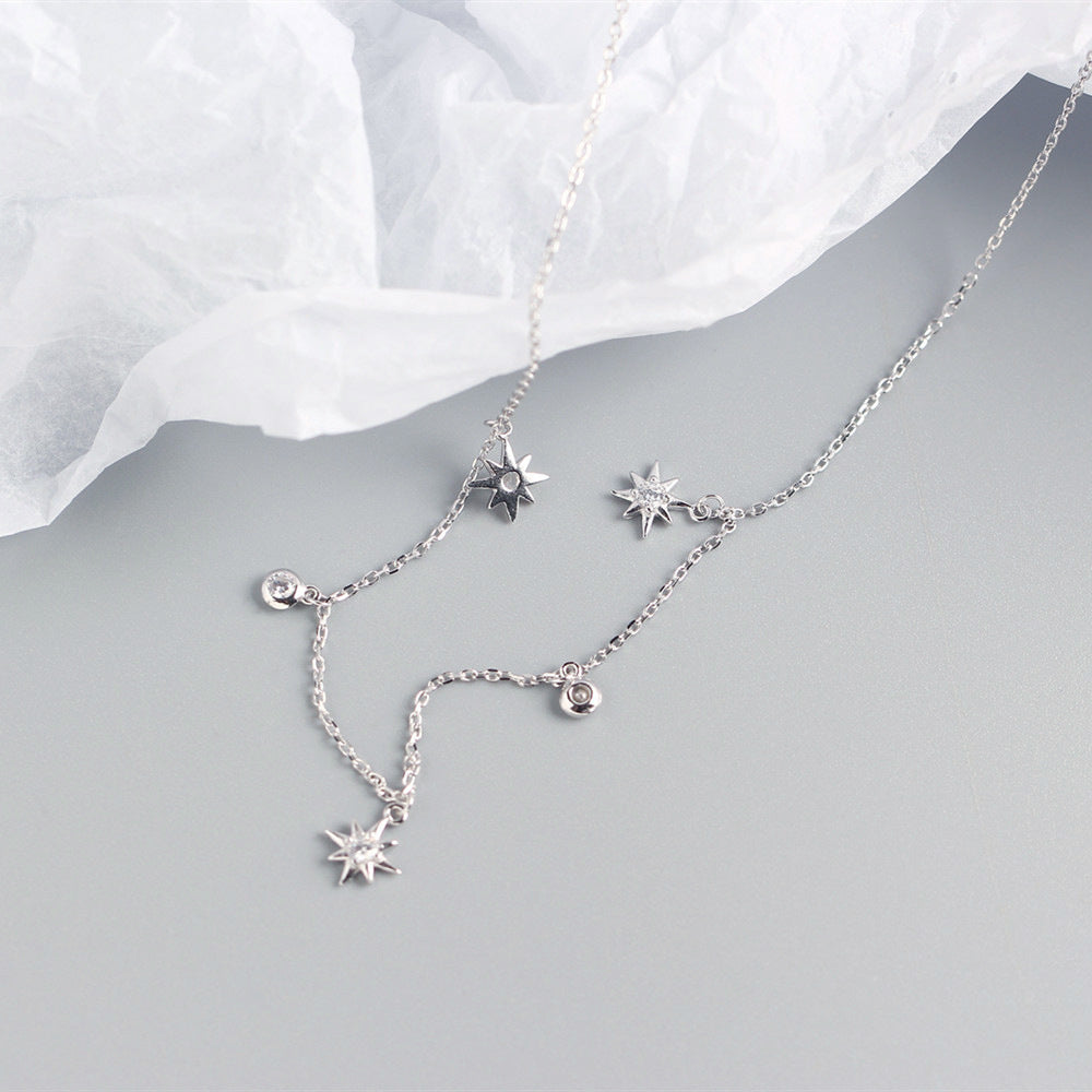 Collana da donna a catena grumetta con ciondolo a stella geometrica rotonda intarsiata in diamante, in argento sterling 925, stile minimalista di lusso