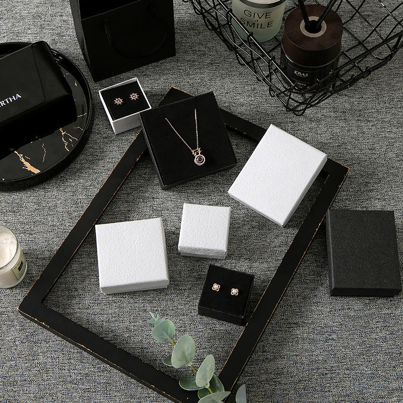Solid Black and White Paperboard Jewelry Box with Foam Insert for Earrings Rings Bracelet Necklace - Minimalist Cute Gift Packaging