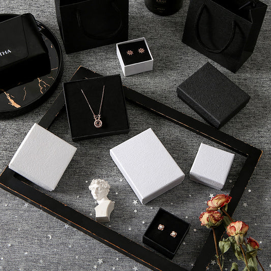 Solid Black and White Paperboard Jewelry Box with Foam Insert for Earrings Rings Bracelet Necklace - Minimalist Cute Gift Packaging