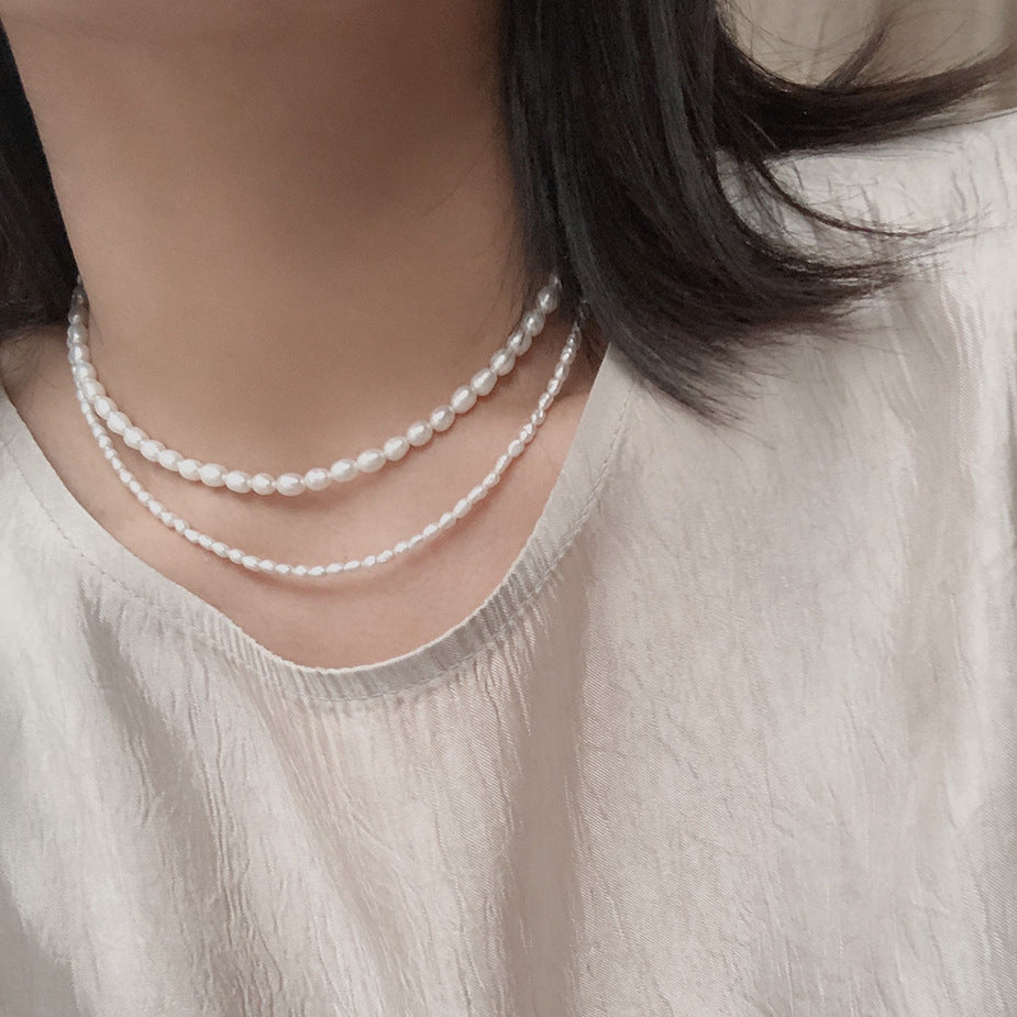 Luxury Geometric Sterling Silver Cultured Pearl Necklace for Women, Fresh Sweet Style, Corn Chain, 925 Silver