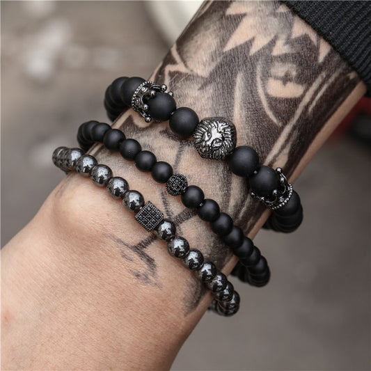 Vintage Punk Matte Brass Bracelet Set with Cubic Zirconia Crown Lion Head and Dice Beads