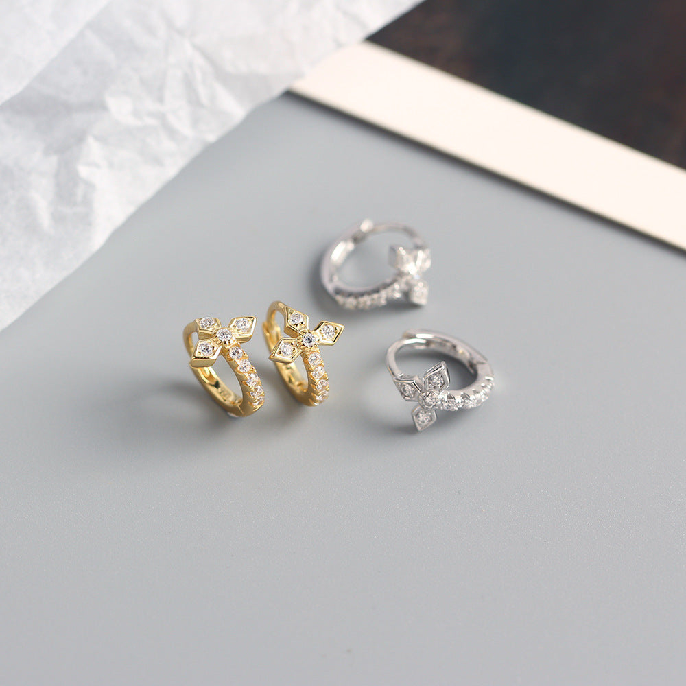 Orecchini da donna con croce in argento sterling 925 e strass intarsiati