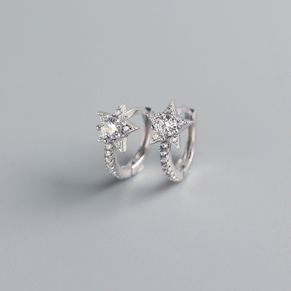 Sweet 925 Sterling Silver Star Stud Earrings with Rhinestone Inlay