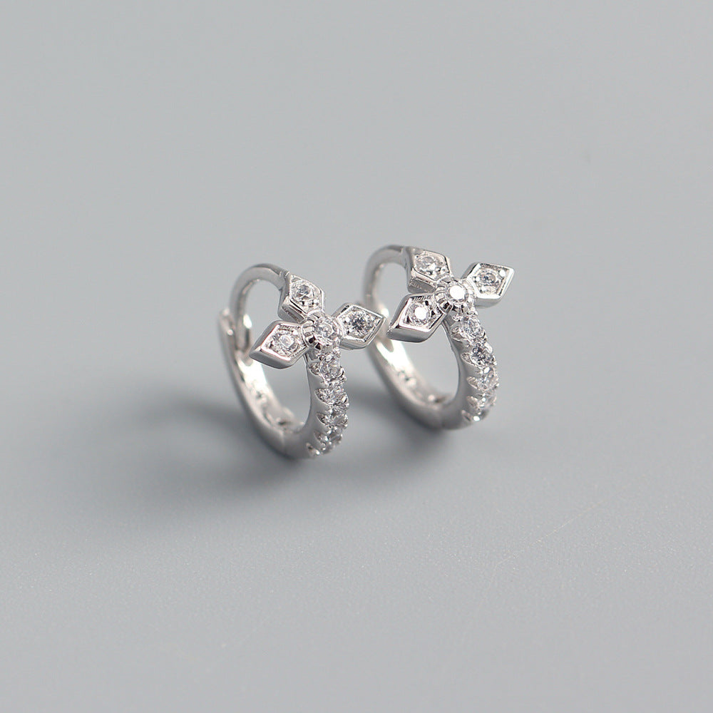 Orecchini da donna con croce in argento sterling 925 e strass intarsiati