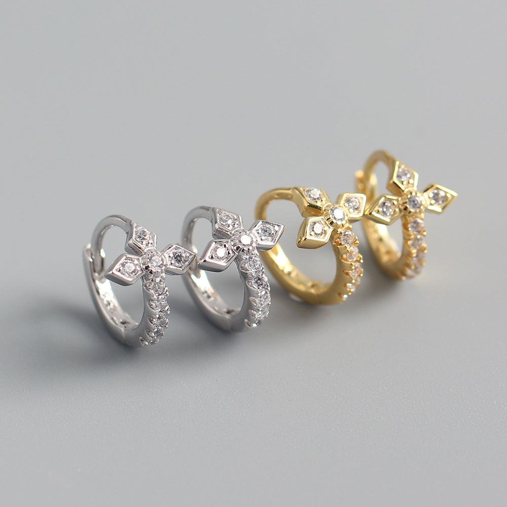 Orecchini da donna con croce in argento sterling 925 e strass intarsiati