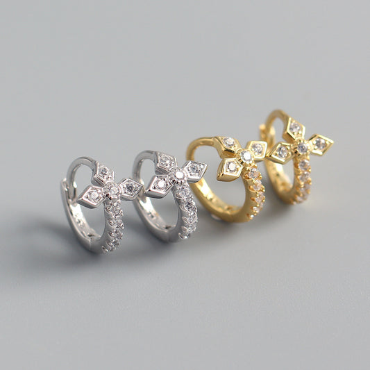 Orecchini da donna con croce in argento sterling 925 e strass intarsiati