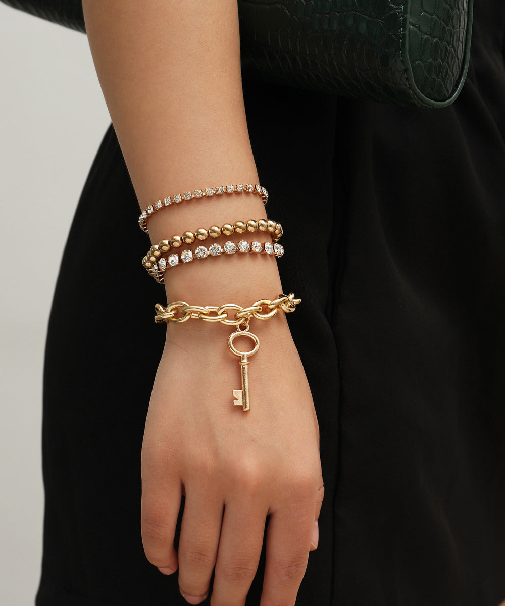 Vintage Punk Geometric Rhinestone Plated Alloy Cable Chain Bracelet Set for Women