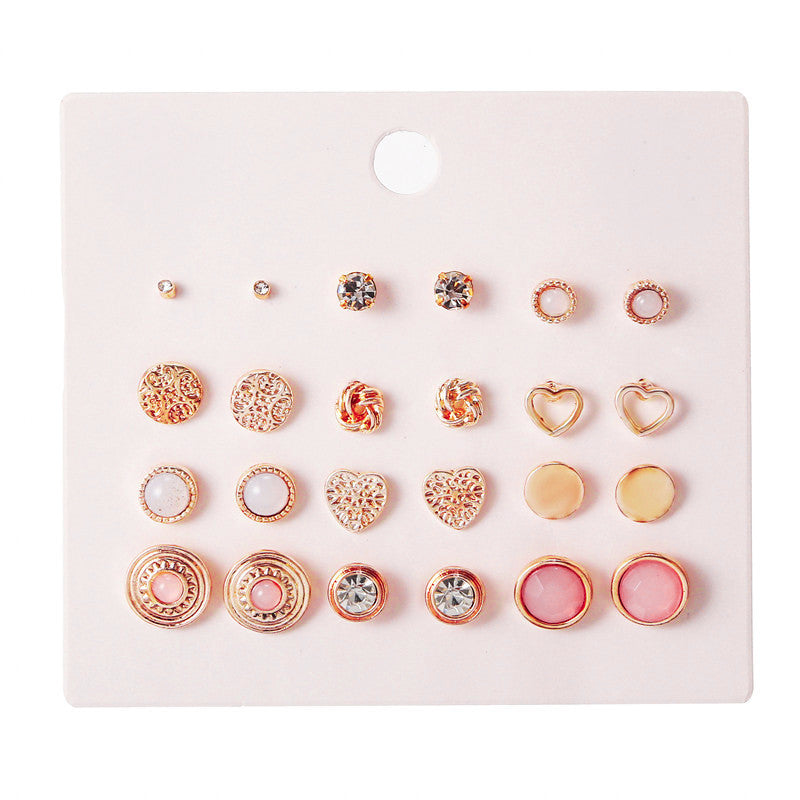 Minimalist Sweet Heart Round Geometric Alloy Micro-set Diamond Jade Stud Earrings with Steel Posts