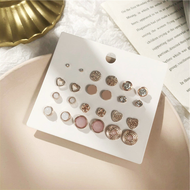 Minimalist Sweet Heart Round Geometric Alloy Micro-set Diamond Jade Stud Earrings with Steel Posts