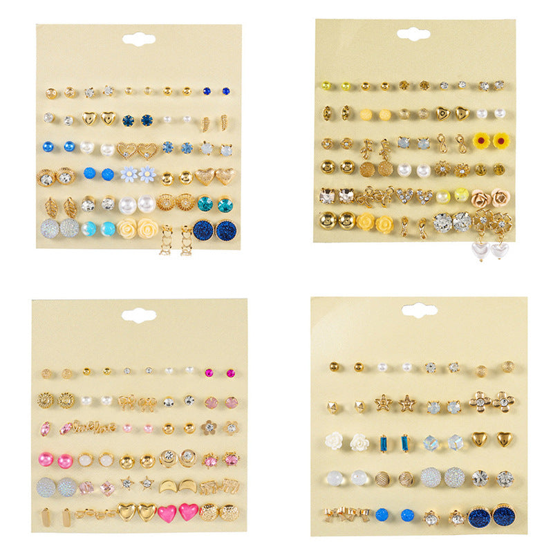Sweet Geometric Crystal Inlay Alloy Earring Set with Stainless Steel Posts